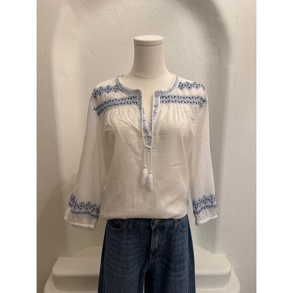 White and Blue Liz Claiborne Embroidered Cotton Peasant Top - Size XL0 - Picture 1 of 7